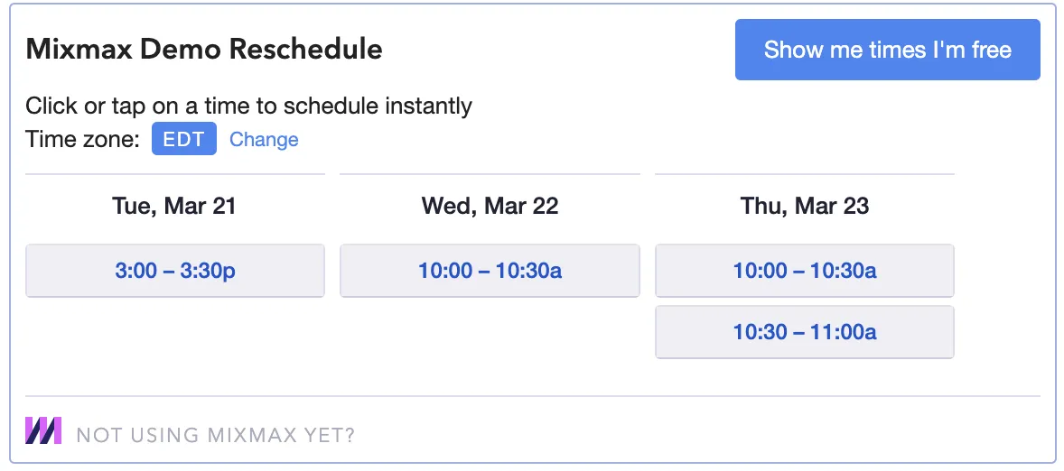 Mixmax demo reschedule calendar example