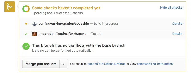GitHub pull request checks with Integration Testing for Humans now passing and marked Tested
