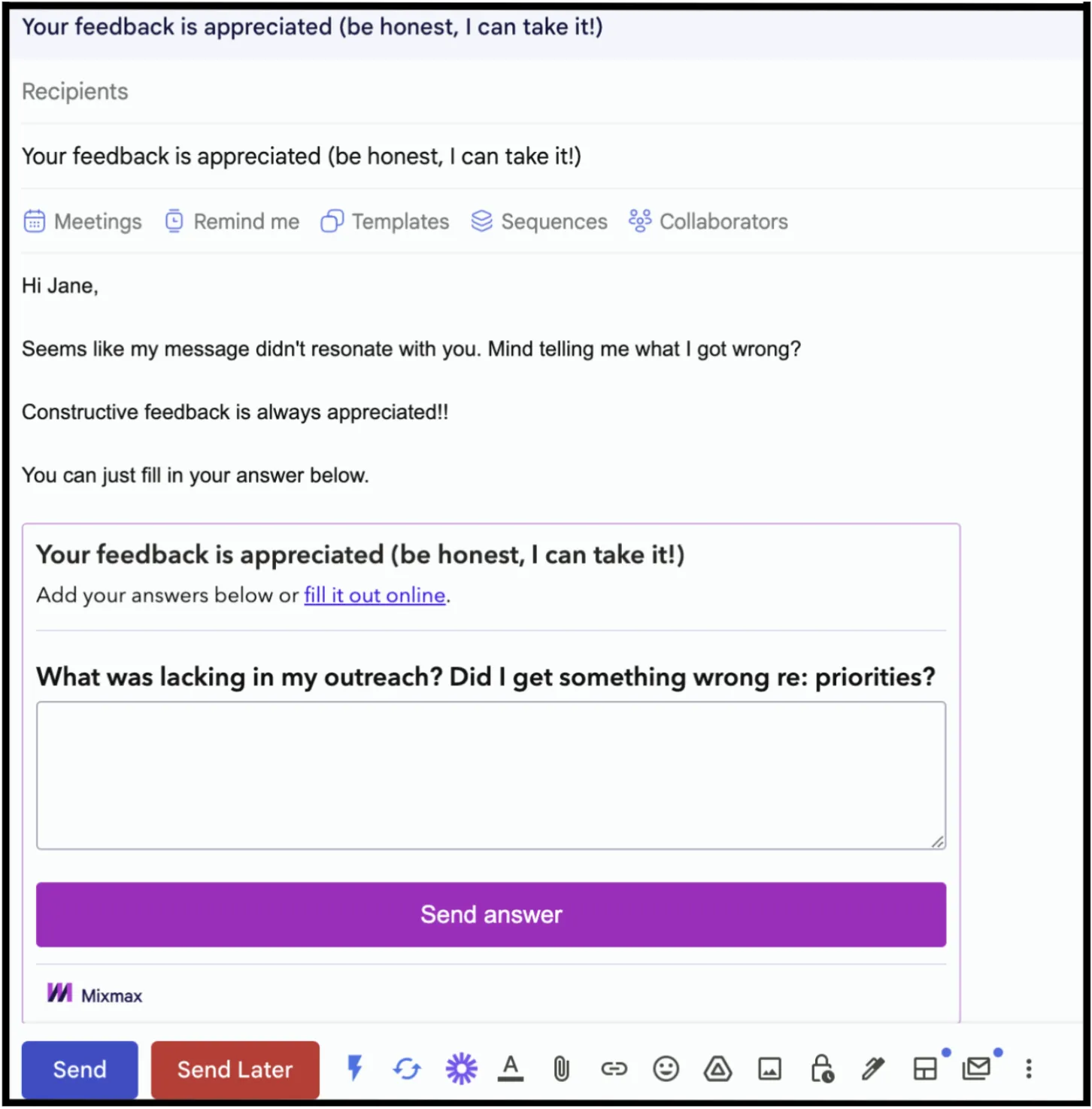 A Mixmax survey embedded directly in a Gmail message, with a question and a Send answer button