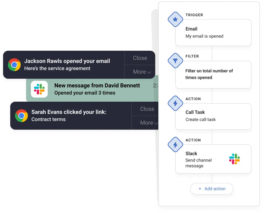 Mixmax real-time alert rules surfacing prospect engagement signals in Gmail