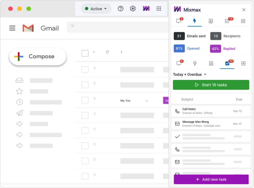 Mixmax Sidebar in Gmail showing CRM data and contact insights alongside an email