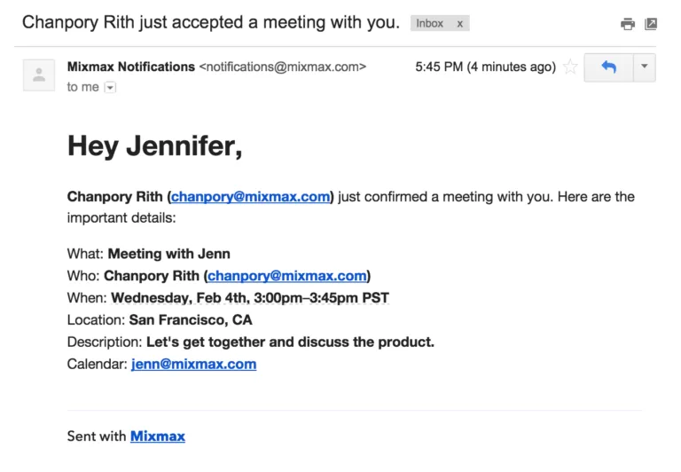 Gmail confirmation email from Mixmax Notifications listing the confirmed meeting's attendee, date, time, location, and calendar