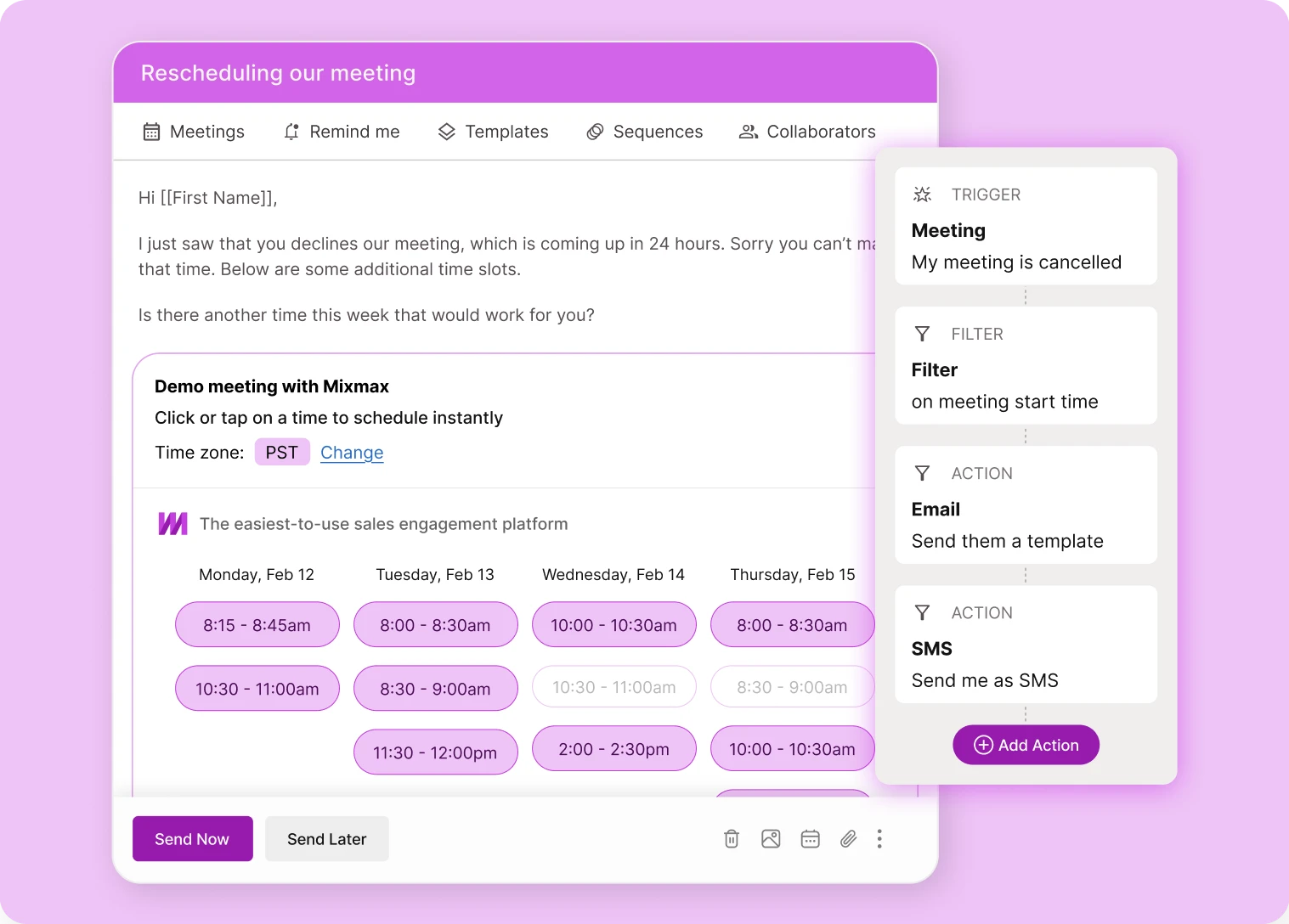 Mixmax email composer with embedded calendar and automation rules