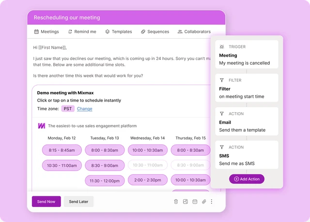 Mixmax email composer with embedded calendar and automation rules
