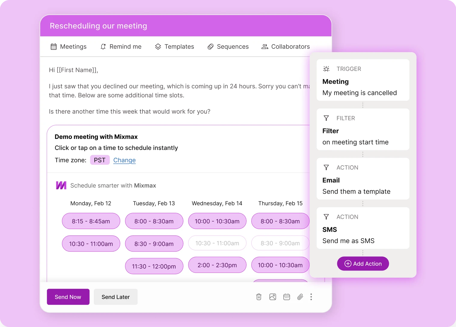 Mixmax email composer with embedded calendar and automation rules