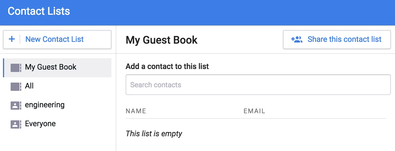 Mixmax Contact Lists dashboard with a new, empty list named My Guest Book selected