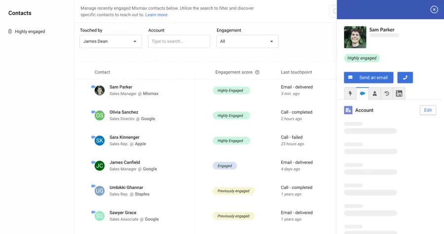 Mixmax engagement score showing contact activity and upsell campaign tracking