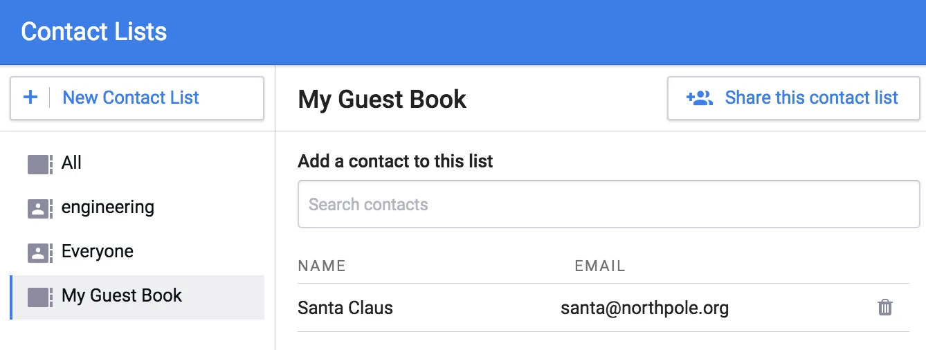 The My Guest Book contact list now showing its first entry, Santa Claus at santa@northpole.org
