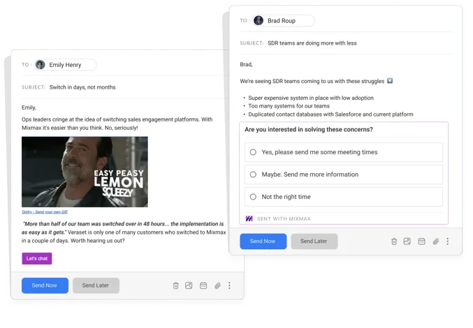 Mixmax email enhancements including polls, GIFs, and CTAs