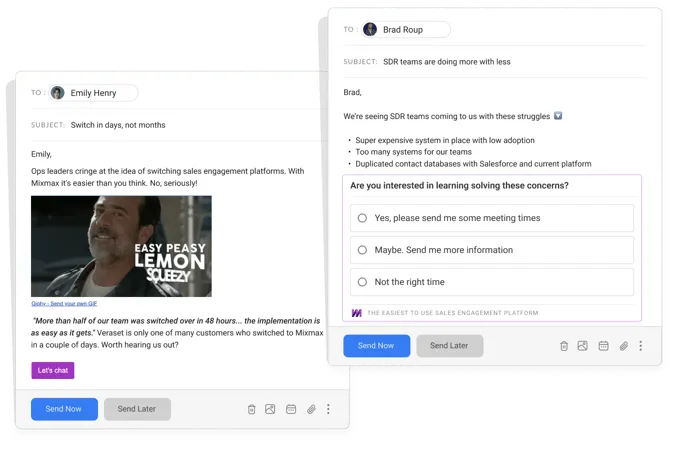 Mixmax email enhancements including polls, GIFs, and CTAs