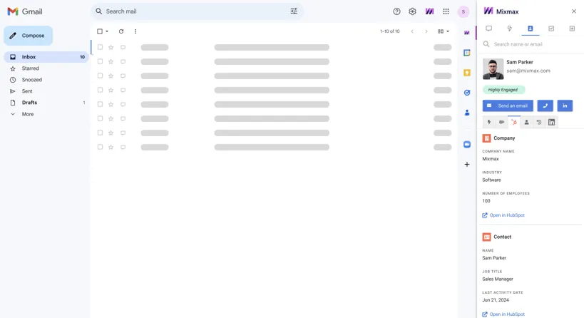 HubSpot contact data displayed in the Mixmax Gmail sidebar