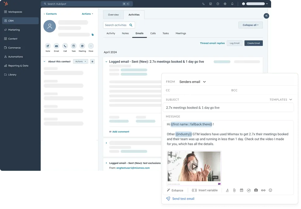 Mixmax syncing email activity to HubSpot contacts and deals