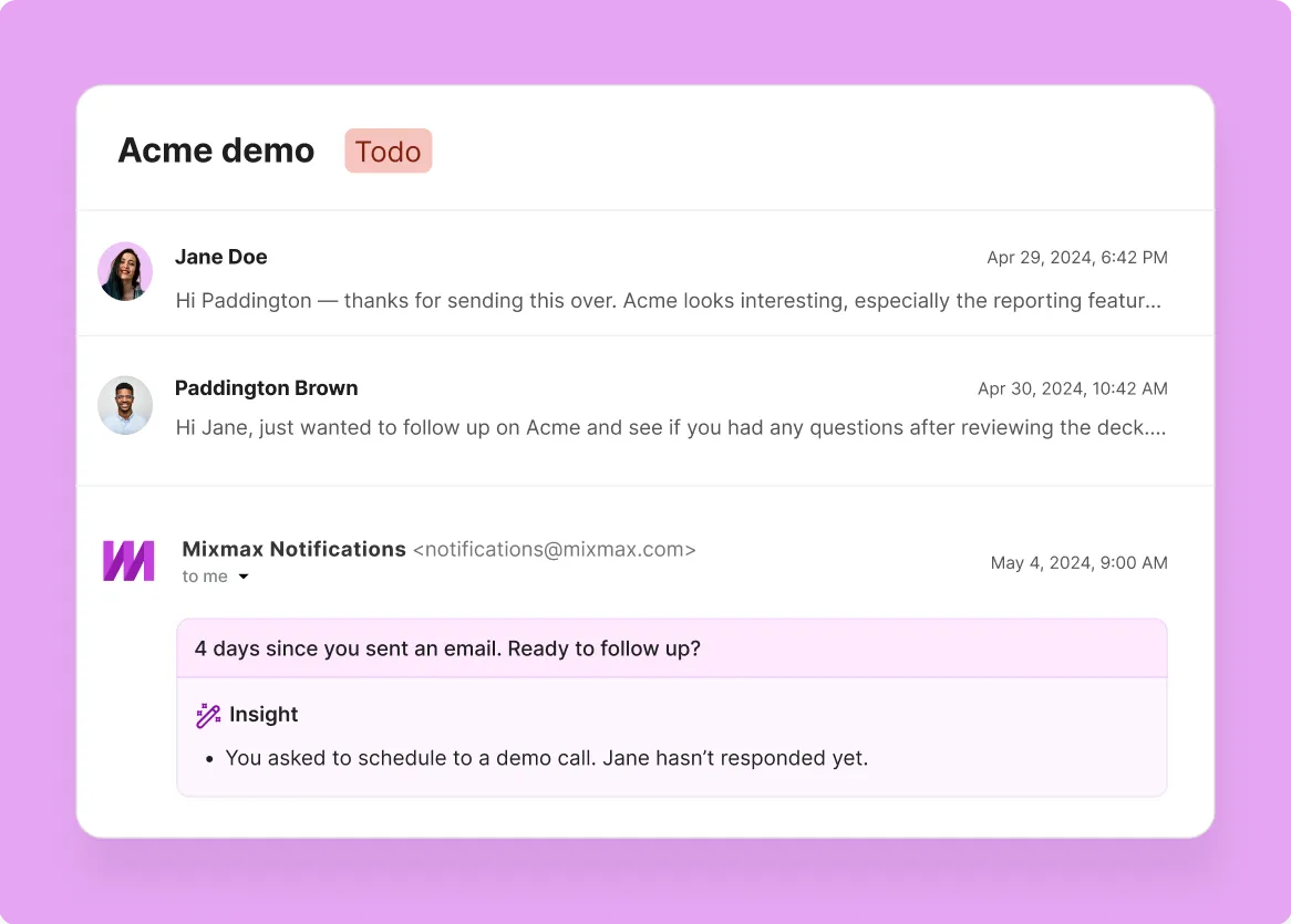 Mixmax reminders surfacing the next customer follow-up