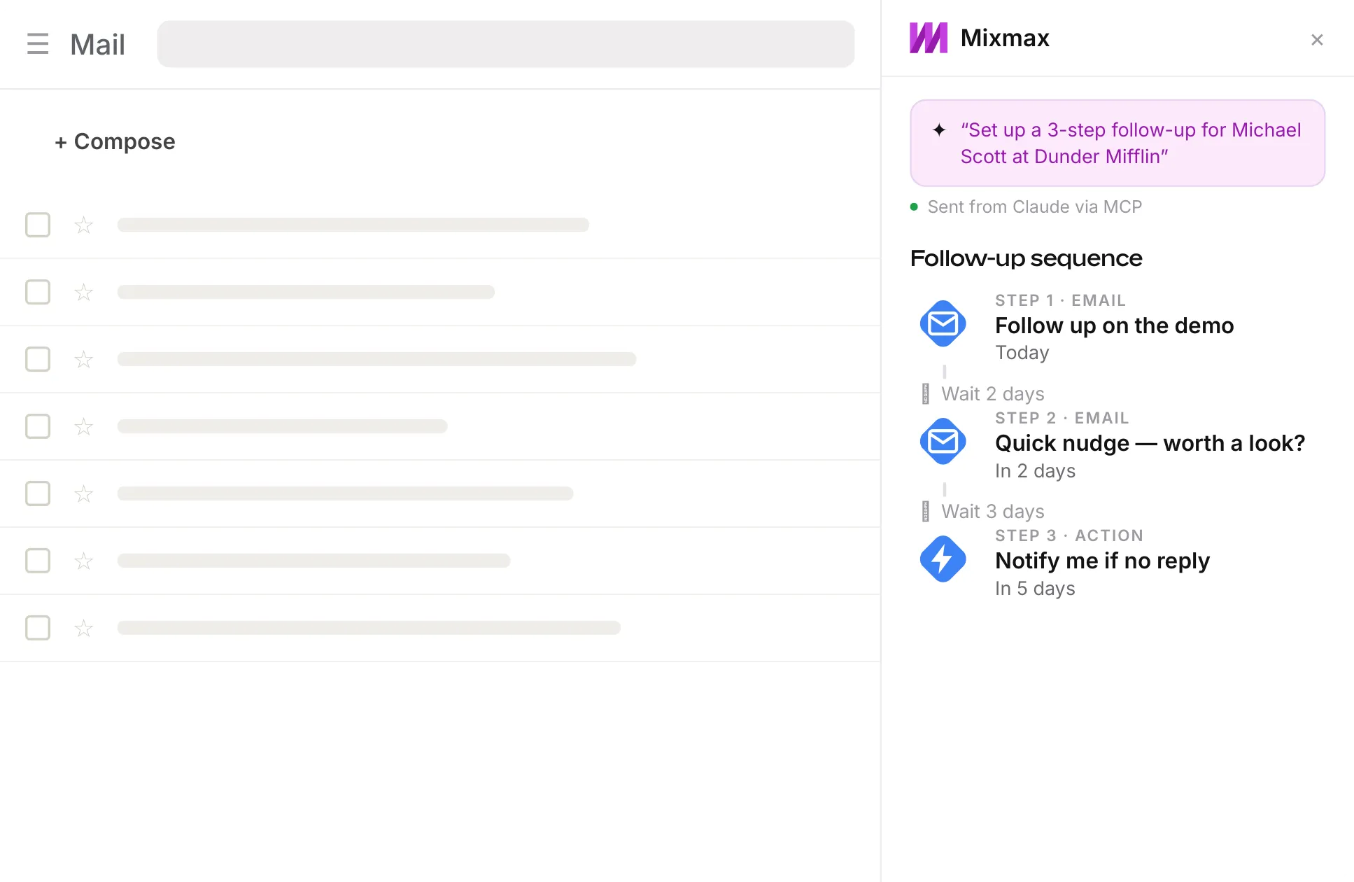 A prompt sent to Claude via MCP generates a Mixmax follow-up sequence in the Gmail sidebar