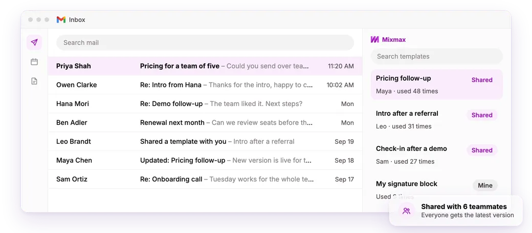 Gmail inbox with the Mixmax template sidebar open, showing templates shared with the team.