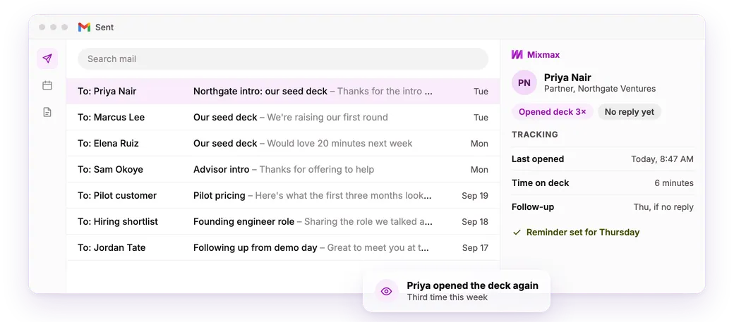 Gmail Sent folder with the Mixmax sidebar showing an investor opened the seed deck three times.