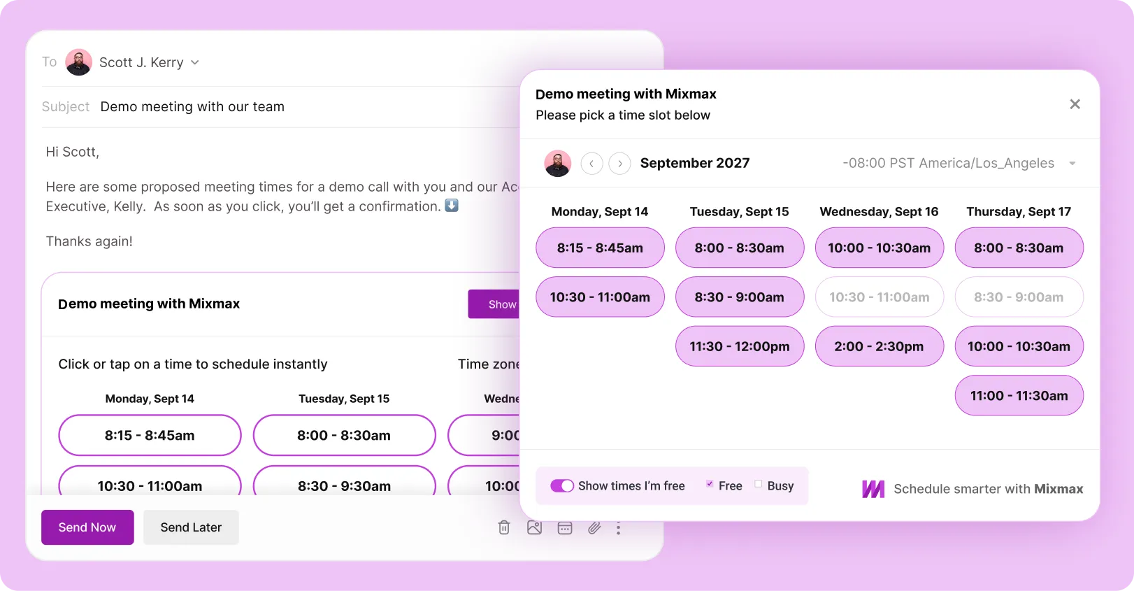 An email with a grid of bookable times inside it, and the calendar picker it came from