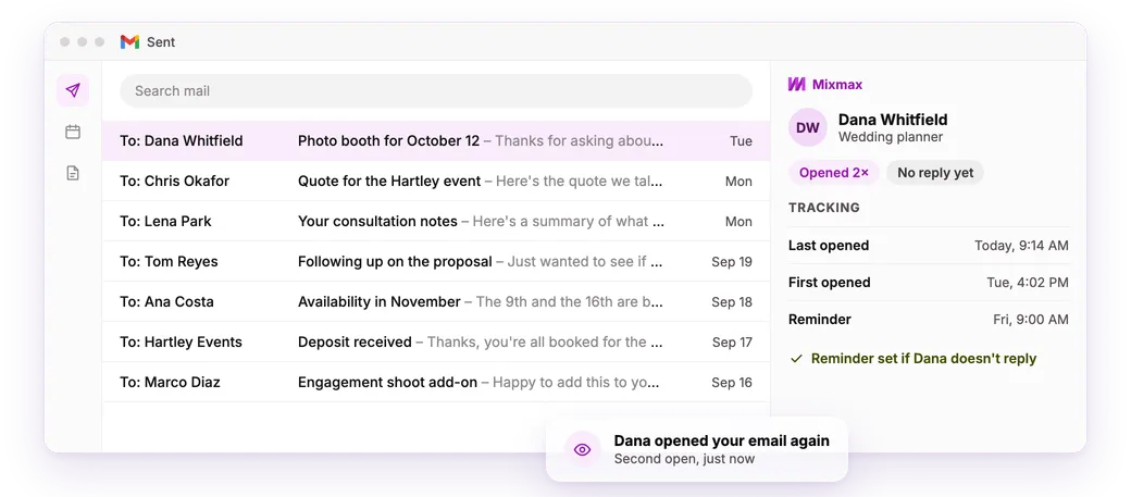 Gmail Sent folder with the Mixmax sidebar showing Dana opened the email twice, with a reminder set for Friday.