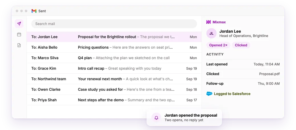 Gmail Sent folder with the Mixmax sidebar showing two opens, a proposal click and a follow-up scheduled for Thursday.