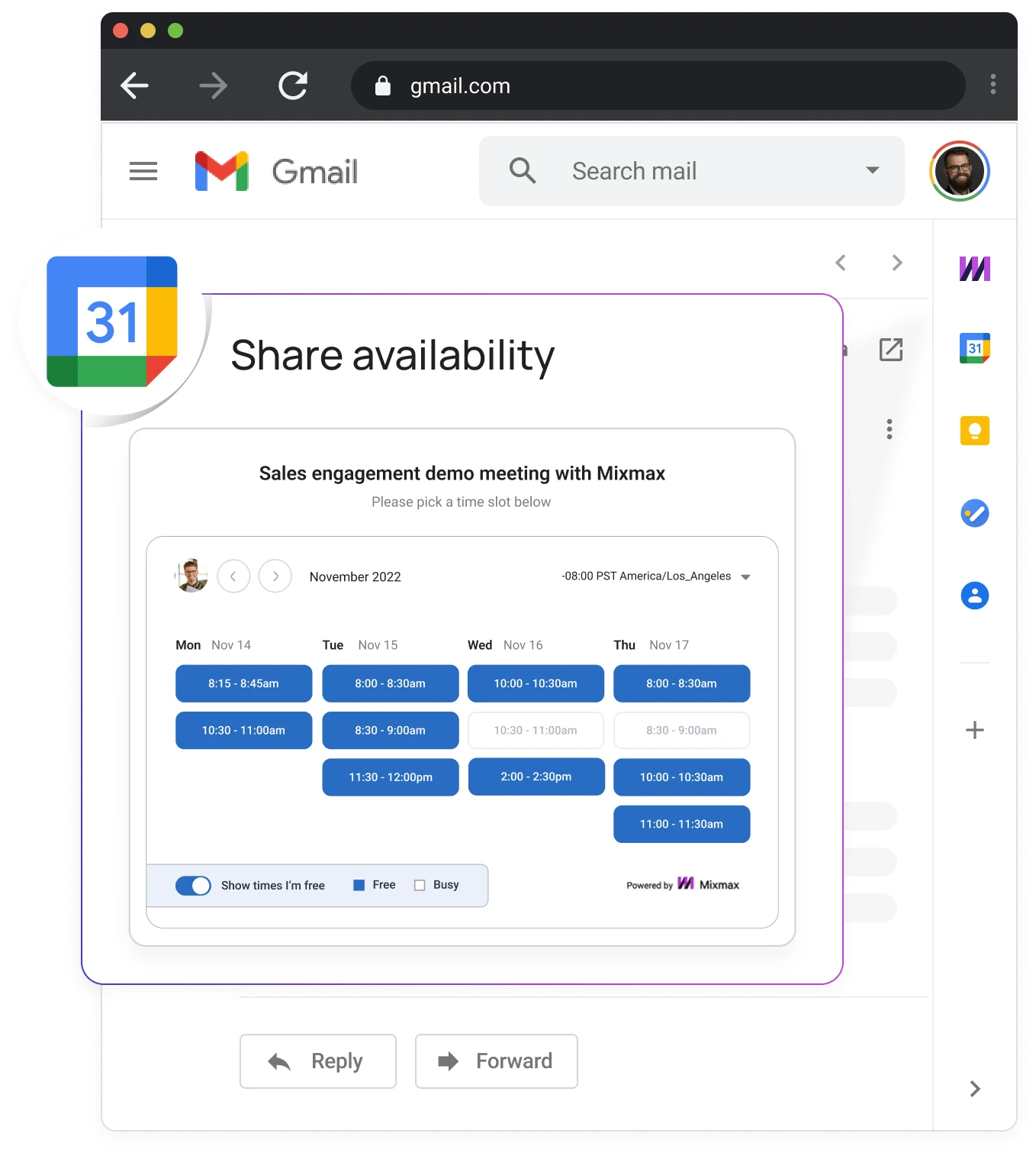 Mixmax Google Calendar integration showing availability sharing inside Gmail