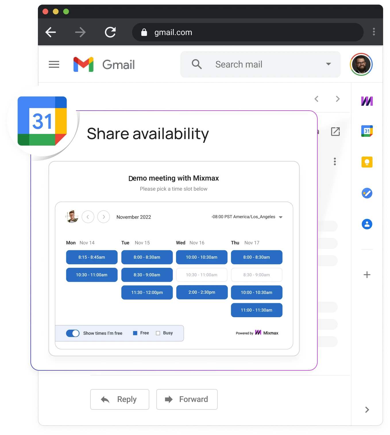 Mixmax Google Calendar integration showing availability sharing inside Gmail