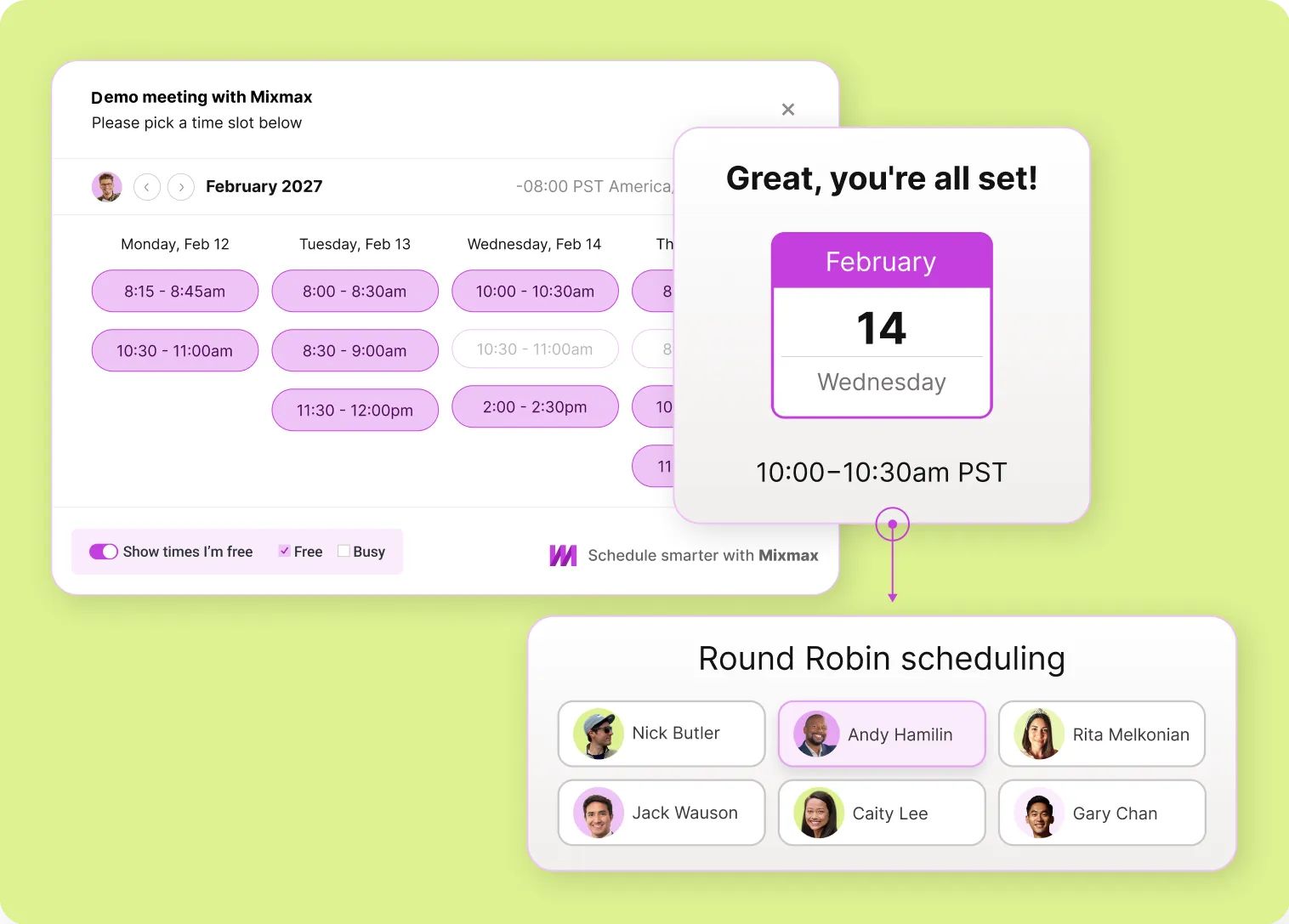 A booked meeting confirmation, and the round-robin list of teammates the booking rotates across