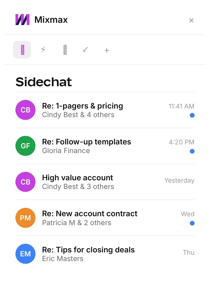Mixmax Sidechat panel showing teammate conversations on email threads inside the inbox