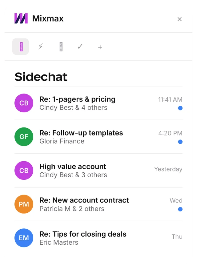 Mixmax Sidechat panel showing teammate conversations on email threads inside the inbox
