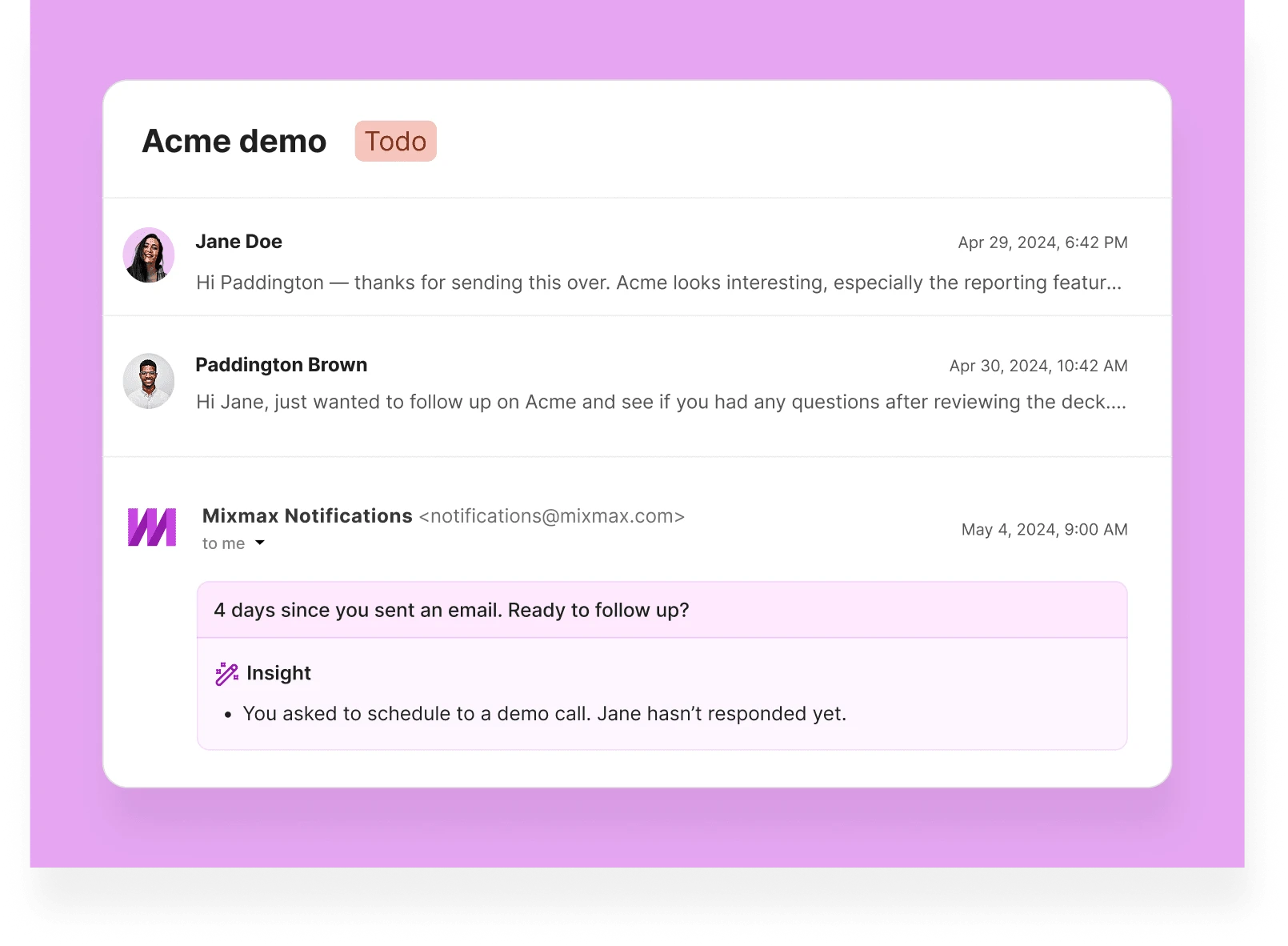 Email thread with an AI insight recommending the next follow-up