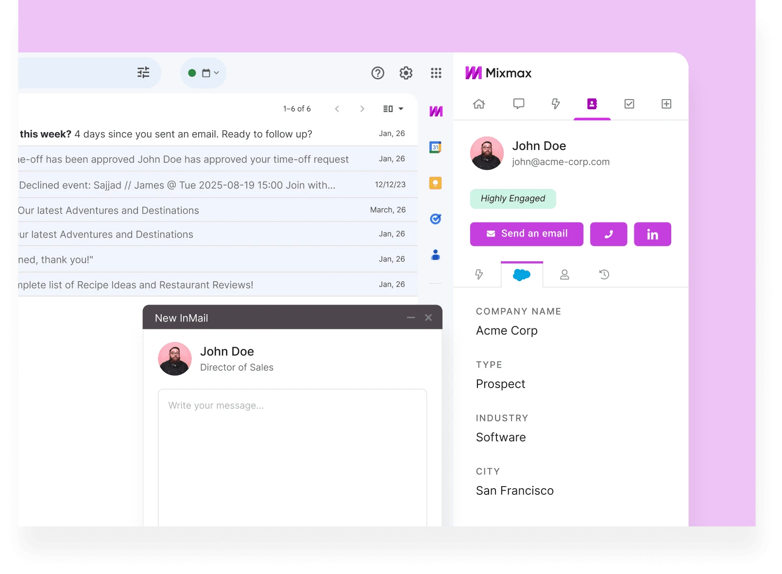Mixmax workspace with email, tasks, and deal insights