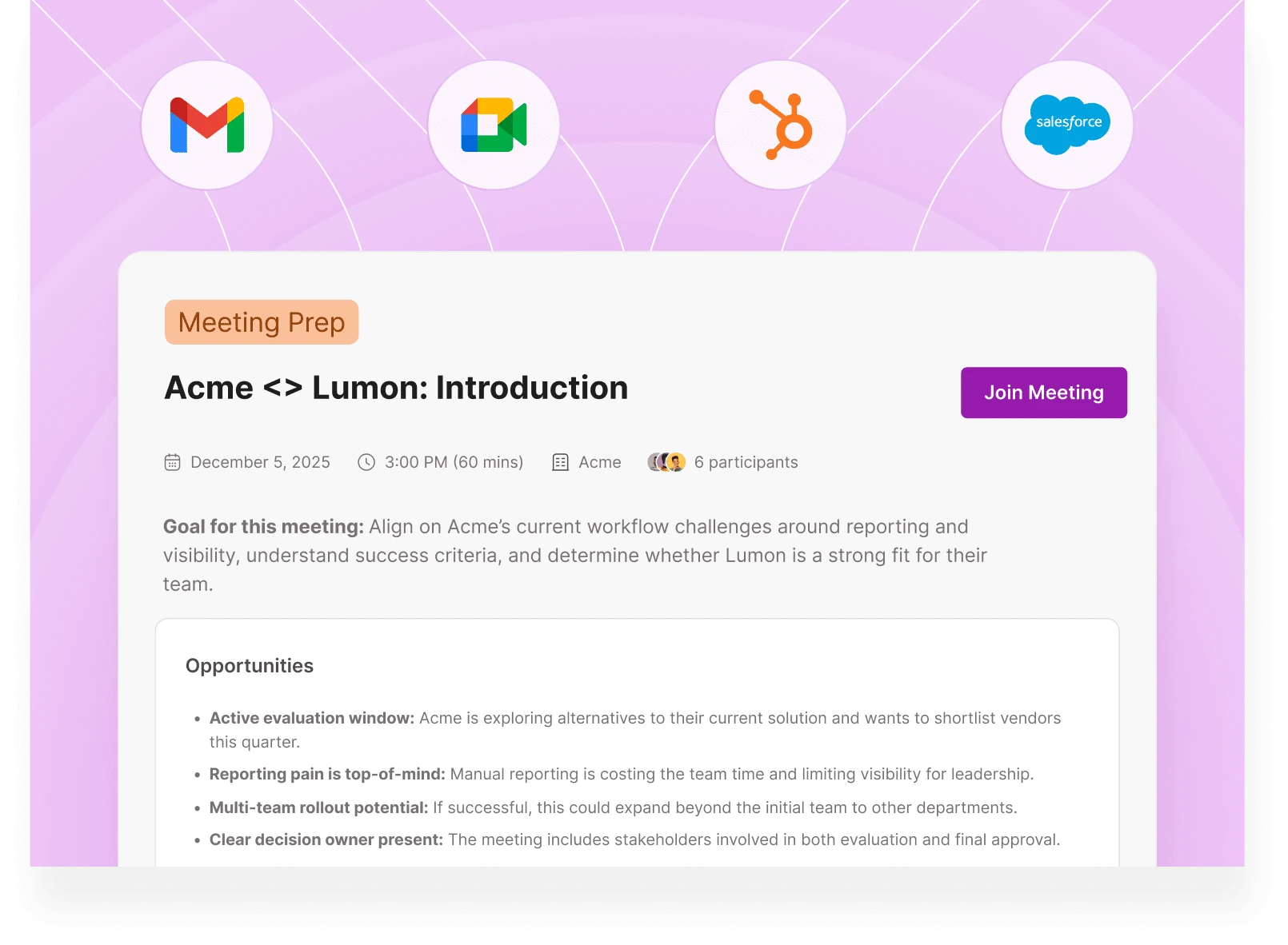 Meeting prep brief assembled from inbox, calendar, and CRM