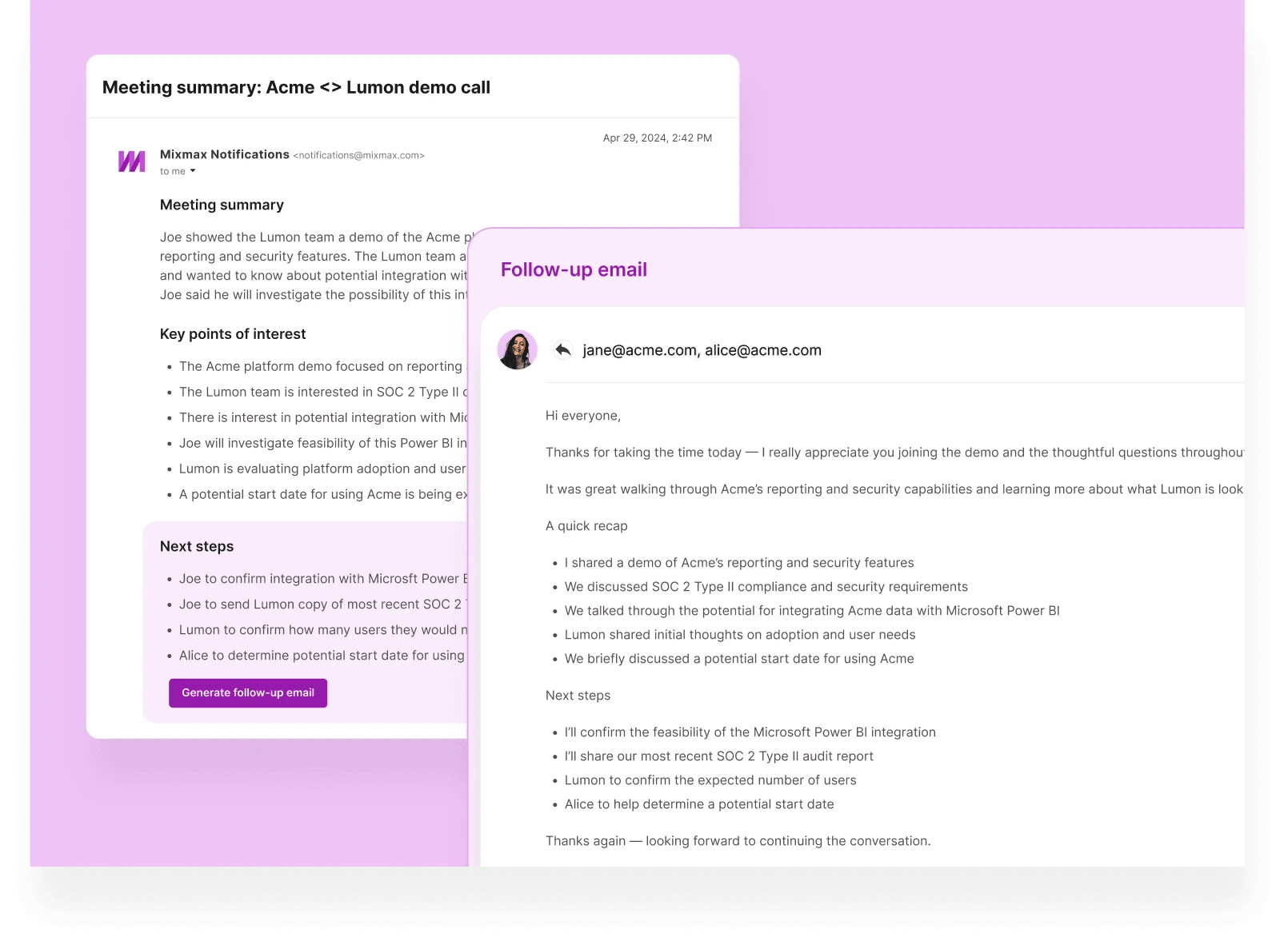 AI-drafted follow-up email tied to meeting outcomes