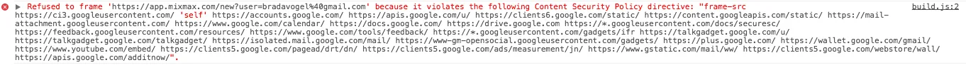 Chrome web inspector image of Content Security Policy error