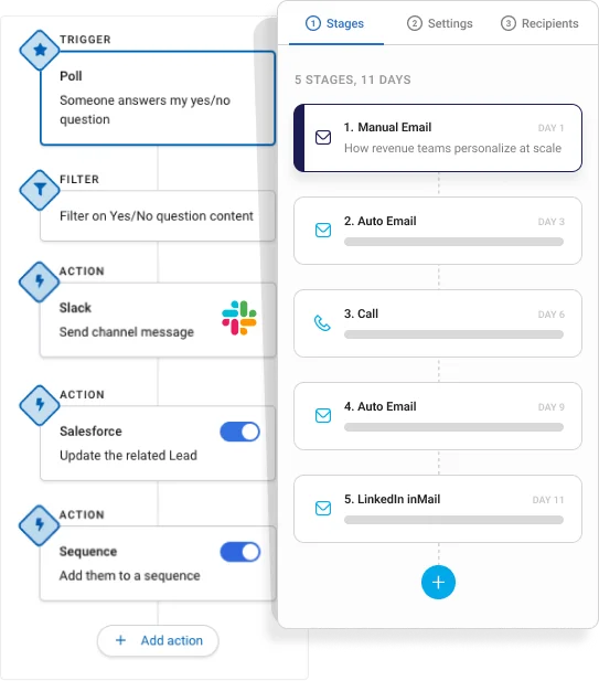 Mixmax automation rules and sequences UI showing trigger, filter, and action workflows for revenue operations