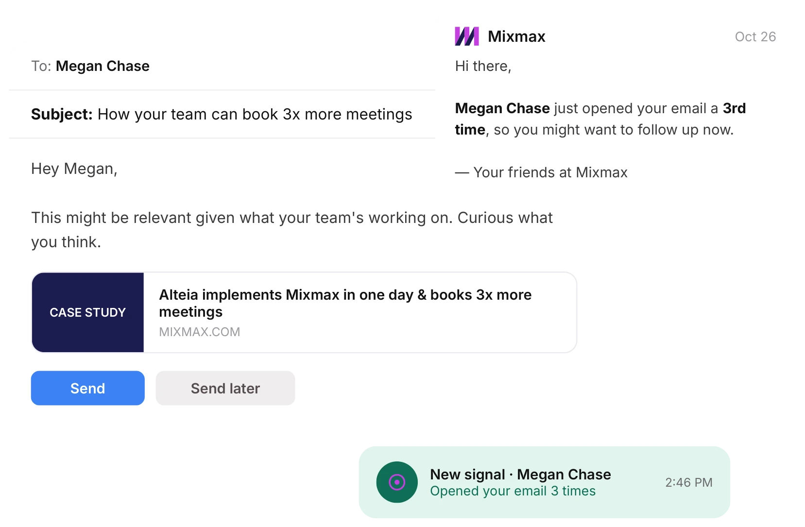 Mixmax surfacing an “opened 3 times” signal and prompting a timely follow-up with a case study