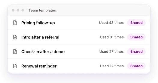 Team templates in Mixmax, each marked as shared.