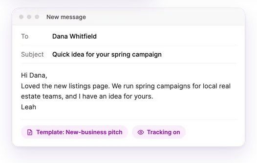 A Gmail compose window with the new-business pitch template and tracking on.
