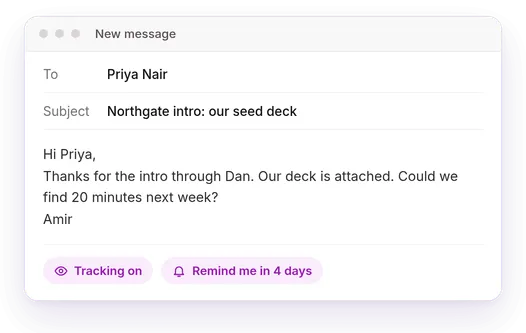 A Gmail compose window sending a seed deck with tracking and a 4-day reminder on.