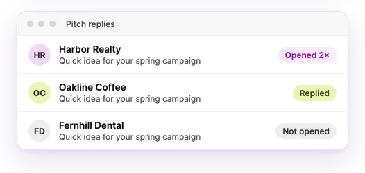 Pitch replies with opened, replied and not-opened labels.