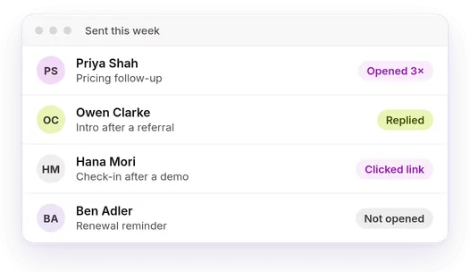 Sent emails with opened, replied and clicked labels.