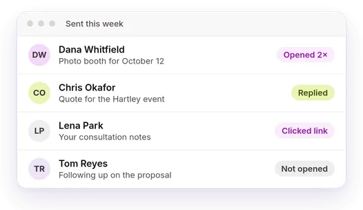 Sent emails with opened, replied and clicked labels for each person.