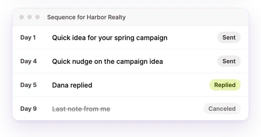 A pitch sequence for one potential client that stops after she replies on day 5.