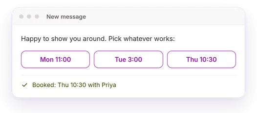 An email with three time slots to book a call.
