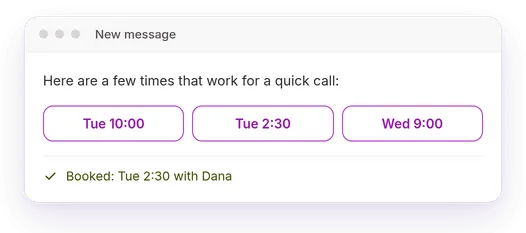 An email with three time slots to book a call.