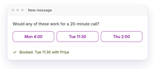 An email with three time slots, booked for Tuesday.