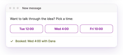 An email with three time slots, booked for Wednesday.