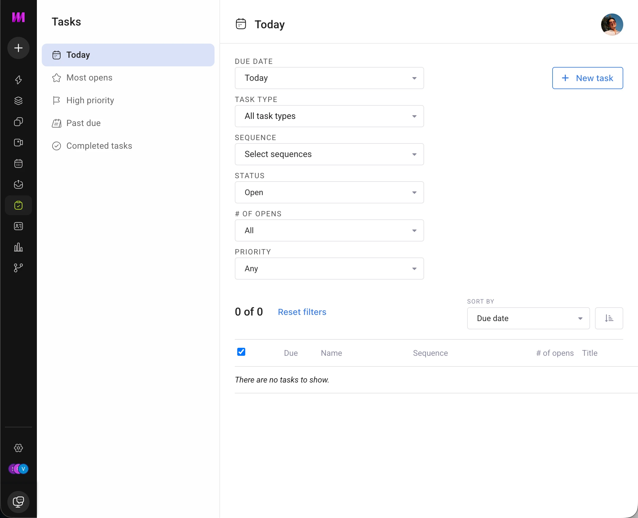 Mixmax Tasks view filtered by due date and priority