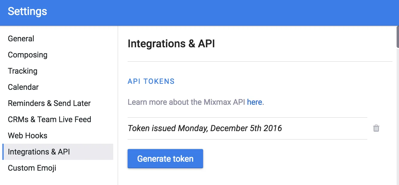 Mixmax Integrations and API settings, showing an issued API token and the Generate token button