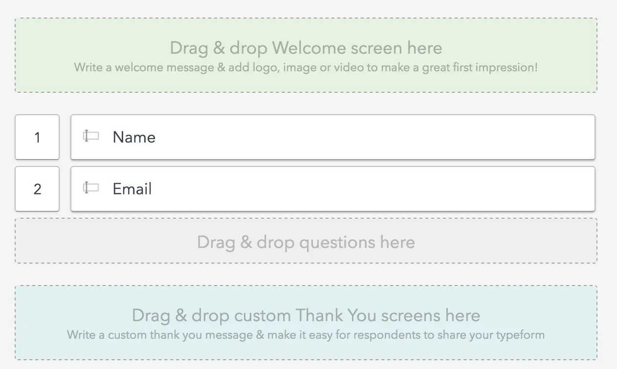 Typeform editor with a two-field form, Name and Email, between the welcome and thank-you screen placeholders