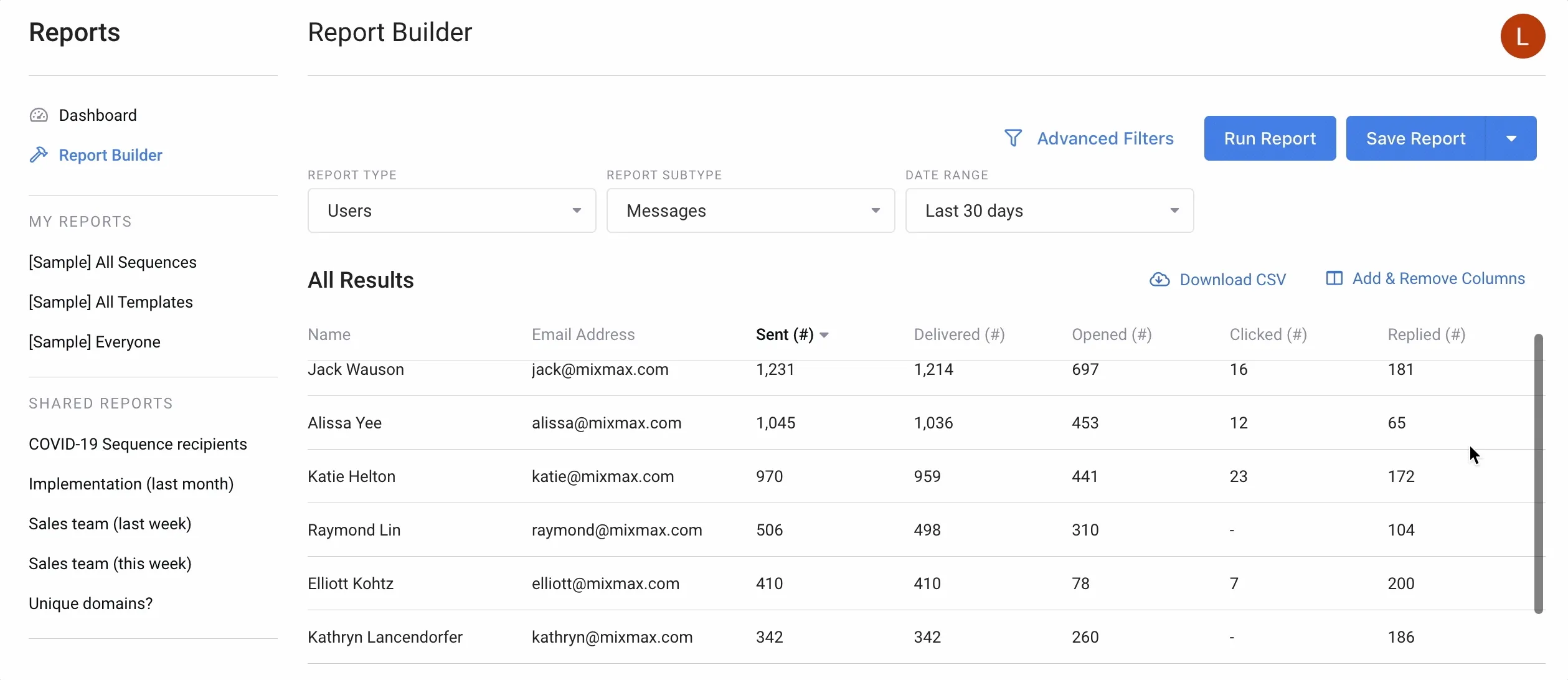 reporting dashboards Mixmax report builder
